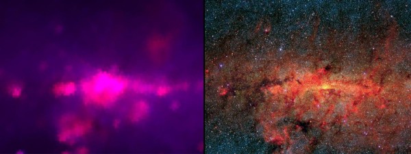 Vaade Linnuteele. Vasakul on IRASi tulemus 1983. aastast, paremal on kujutatud WISE'i eeldatavat tulemust. Pilt: NASA/JPL-Caltech/IRAS/MSX