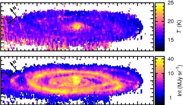 Külma tolmu temperatuuri ja intensiivsuse kaart Andromeeda galaktikas