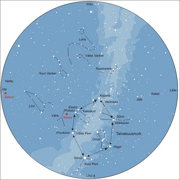 Talvekuusnurk. Taevakaart vastab 15. veebruarile kell 21.00.