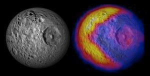 Mimase veider temperatuurijaotus. Pilt: NASA/JPL/GSFC/SWRI/SSI