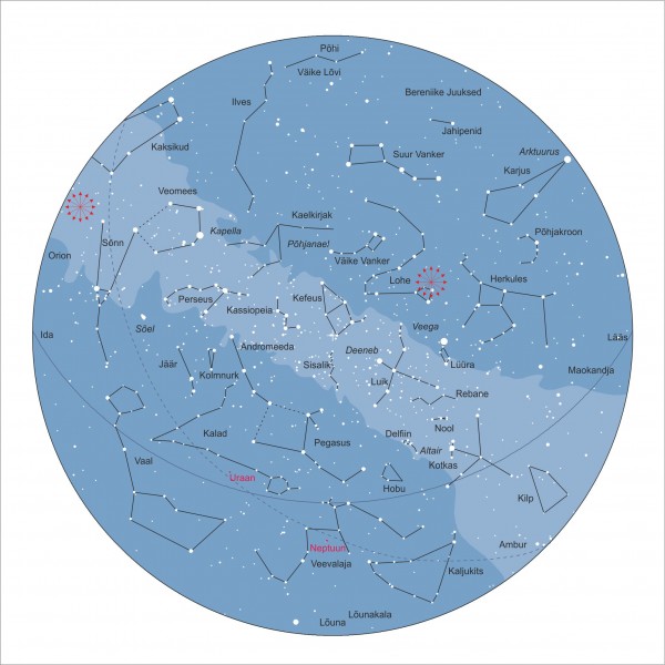 Tähistaevas 15. oktoobril kell 22:00. Jupiter (jääb napilt kaardilt välja) ja Marss pole veel tõusnud, kuid Neptuun ja Uraan on vaadeldavad (binokli/teleskoobiga).
