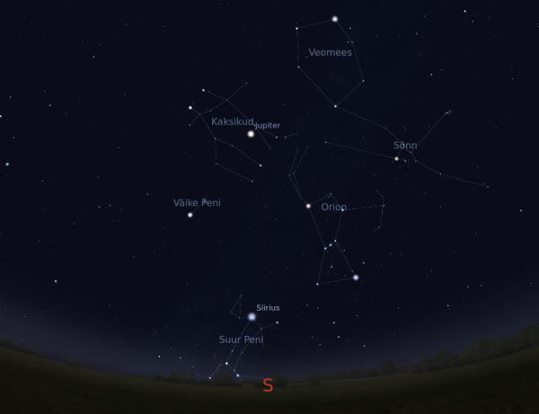 Jupiter ja Taevakuusnurga tähtkujud 15. veebruaril kell 21.00.