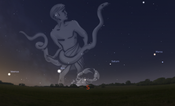 24. veebruari hommikutaevas võite näha Veenust, Kuud (31% faas), Saturni ja Marssi madalale lõunataevasse üles rivistatuna! Samas võite leida ka Skorpioni tähtkuju ja Maokandja. Eestis on näha vaid pool Skorpionist, tema saba jääb horisondi taha; heledaim täht (skorpioni süda) on Antares. Maokandja on ainuke tähtkuju Päikese teel, mis ei kuulu Sodiaagi tähtkujude hulka.