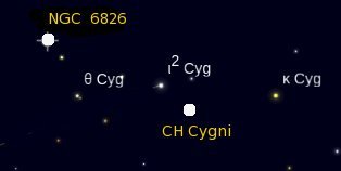 Vilkuv Udukogu ehk NGC 6826 ja CH Cygni. Need objektid on märgitud suurte vaögete ringidega.