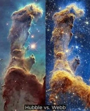 Fragment eelmiselt pildidlt. Vasakpoolne ülesvõte Hubble kosmoseteleskoobiga, parempoolne Webbi kosmoseteleskoobiga.