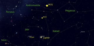 Pilt 6. Kohaliku Galaktikagrupi võimsaim galaktika M31 Andromeeda tähtkujus ja "kolmandal kohal" olev M33 Kolmnurga tähtkujus.