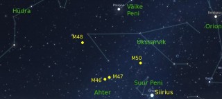 Pilt 10. Neli vähetuntud hajusparve M46, M47, M48 ja M50 asuvad kolmes eri tähtkujus, kuid suunalt suhteliselt lähestikku.