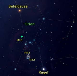 Pilt 1. Orioni tähtkuju koos udukogudega M42, M43 ja M78.