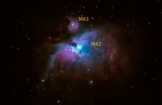 Suur Orioni udukogu M42. Näivalt justkui eraldi jääv, suurt lindu meenutava udukogu "pead" moodustav osa on eraldi nimetusega M43
