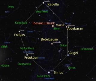 Taevakuusnurk ja Betelgeuse koos Marsiga