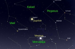 Jupiter ja Veenus 7. veebruari ṍhtul. Veenus on Veevalajas ning Jupiter, kuigi pildlt see ei pasta, asub Vaala tähtkujus.
