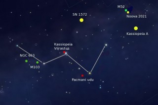 Kassiopeia. Märgitud on mõned süvataeva objektid. Hajusparvi tähistavad rohelised ringid, difuusseid udukogusid tähistavad punased ringid ja noovat pisem kollane ring. Kassiopeia supernoovade asukohti märgivad suured kollased ringid.