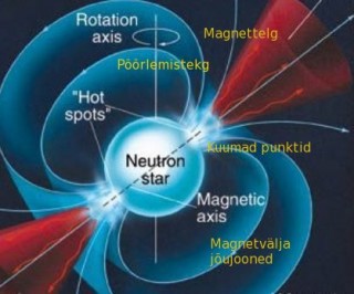 Neutrontäht ja selle lähiümbrus. Pöörlemistelg ja magnetiline telg ei asu ühes sihis, Kitsastest punastena märgitud koonustest väljuvad tugevad kiirgusjoad. Neutrontähe kiire pöörlemise tõttu tundub kaugelt eemalt kiirgus majakana vilkuvat. Sinised kõverad kujutavad magnetvälja jõujooni.