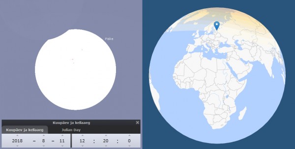 11. augusti päikesevarjutuse maksimum Tartust (pilt: Stellarium) ning varju teekond üle Maa (timeanddate.com)