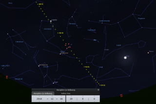 Komeedi 46P/Wirtanen teekond detsembri jooksul. Lähim asend Maale on märgistatud punase markeriga. Pilt: Stellarium