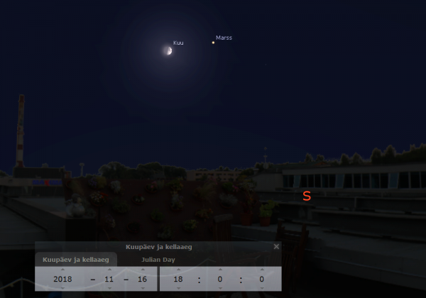 Kuu ja Marss 16. novembri õhtul AHHAA keskuse katusel. Pilt: Stellarium