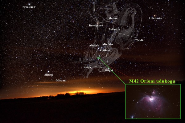 Orioni tähtkuju ja Orioni udukogu (M42) asukoht selles