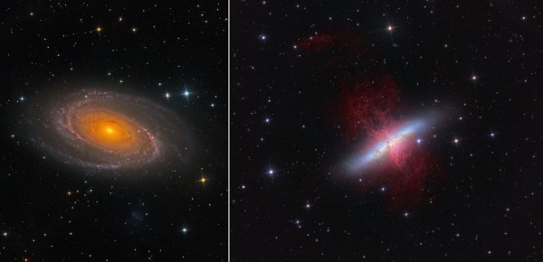M82 ehk Bode galaktika (foto: Raivo Hein) ja M81 ehk Sigari galaktika (foto: Ken Crawford)