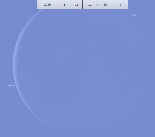 Simuleeritud vaade Veenusele ja Kuule pisut enne varjutuse algust. (Pilt: Stellarium)