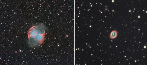 Vasakul Hantli udu ehk M27 ja paremal Lüüras asuv Rõnga udu ehk M57. Fotod: Raivo Hein/Selgaste observatooriumid - http://www.wandyarhol.com/