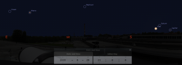 Augustikuu planeeditaevas AHHAA keskuse katuselt nähtuna. Pilt: Stellarium