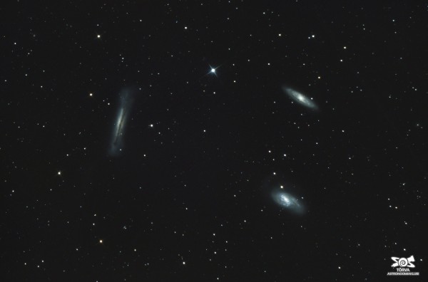 Lõvi kolmik ehk NGC 3628 (vasakul), M65 (ülal) ja M66. Foto: Taavi Niittee (https://www.astromaania.ee), pildistatud märtsis Tõrvas.