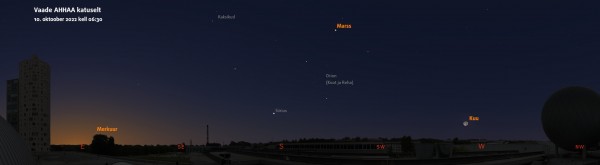 Vaade oktoobri hommikutaevasse AHHAA katuselt. Tähistatud on Päikesesüsteemi taevakehad ning mõned heledamad tähed ja tähtkujud. Pilt: Stellarium