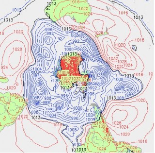 Rõhkkondade küllalt stabiilne (kuigi siiski mitte pidev) paigutus lõunapoolkeral talvekuudel (juuli-august). Punasega on märgitud kõlrgrõhualad ning sinisega madalrõhualad. Siin on piirid kaunis konkreetselt vaadeldavad. Antarktiline kõle kõrgrõhuala valitseb suurt osa Antarktise mandrist. Selle ümber asub parasvöötme madalrõhuvöönd. Sellele järgneb omakorda subtroopilise kõrgrõhuala vöönd. Joonisel üleval asub Austraalia, Aafrika vasakul ja Lõuna-Ameerika all paremal. Keskel on lõunapoolus, mis omakorda asub Antarktise mandril.